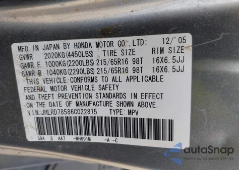 2006 Honda Cr-V Lx из США, поврежденный, VIN JHLRD78586C022875